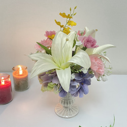 お供え　お悔やみ 一周忌カサブランカフラワーアレンジメント仏花38cm ピンク お供え お悔やみ 一周忌 カサブランカフラワーアレンジメント仏