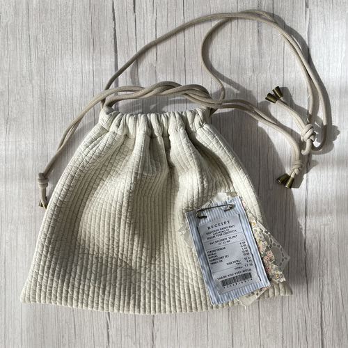 【ゆかページ】ヌビ巾着バッグ　オーダー ヌビの巾着ショルダーバッグ☆オシャレなレシートタグ付き＊4way