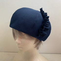 送料無料　着物リメイクフリルベレー帽（紺） 4枚目の画像