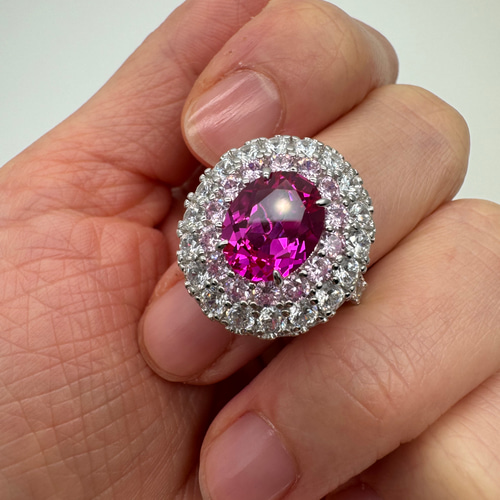 シンセティックピンクサファイア クアドラプルヘイローリング 約3