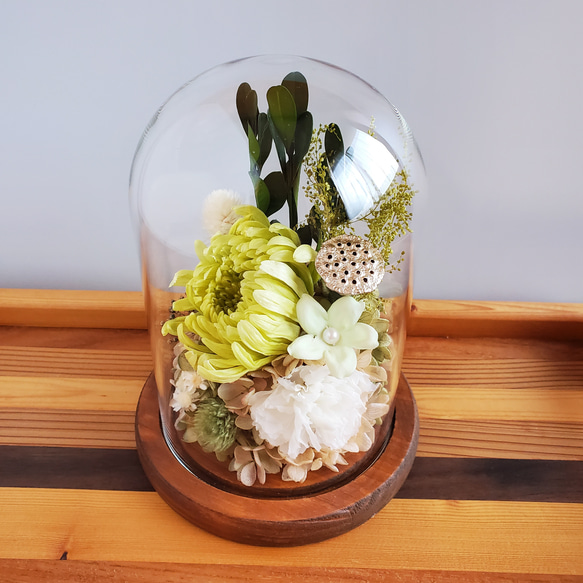 輪菊とジャスミンのガラスドームお供え花　プリザーブドフラワー 6枚目の画像