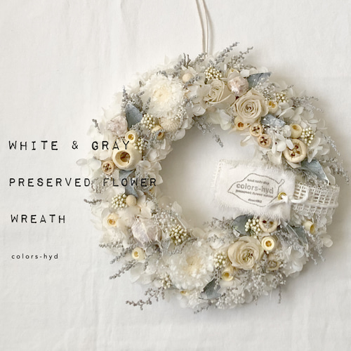 プリザープドフラワーリース=春の白とグレー リース colors-hyd
