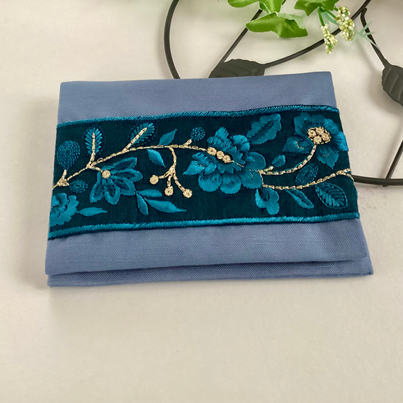 *＊〜オトナ可愛い〜＊*インド刺繍リボンのふた付きポケットティッシュケース＊春＊花＊ブルー＊ 2枚目の画像