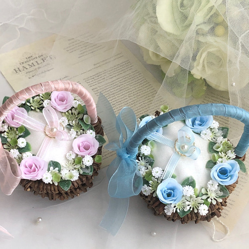 2個セット 2人で運ぶ ウェディング リングピロー かご ミニバスケット