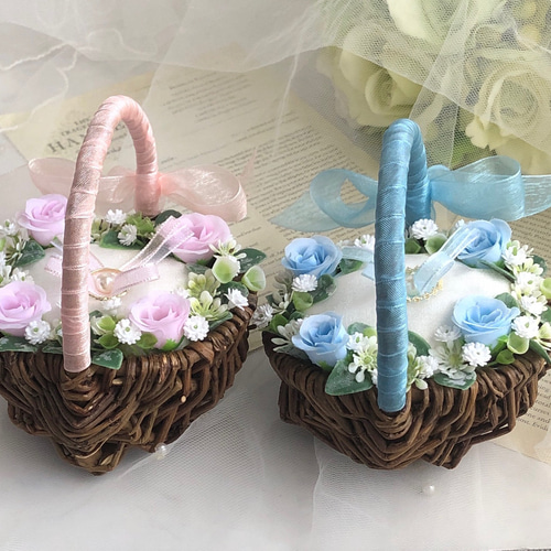 2個セット 2人で運ぶ ウェディング リングピロー かご ミニバスケット