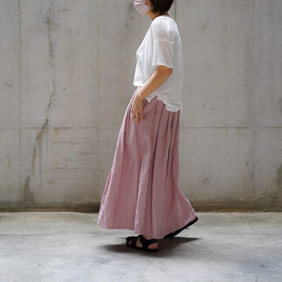 【再販！】桜色のリネン＊ポケット付きのタックスカート（丈セミオーダー） 2枚目の画像