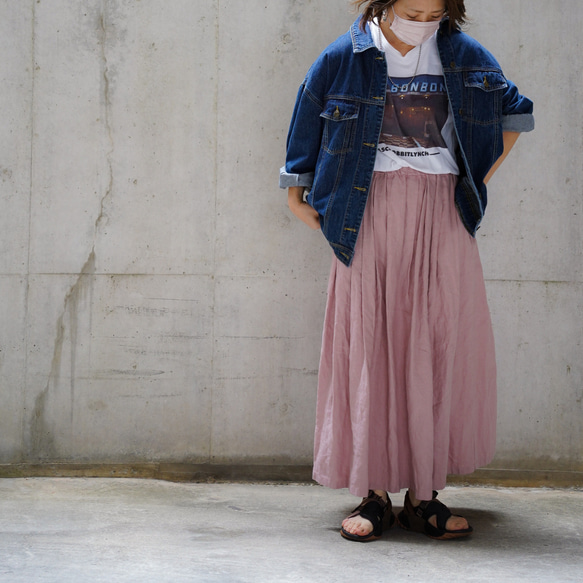 再販！】桜色のリネン＊ポケット付きのタックスカート（丈セミオーダー  