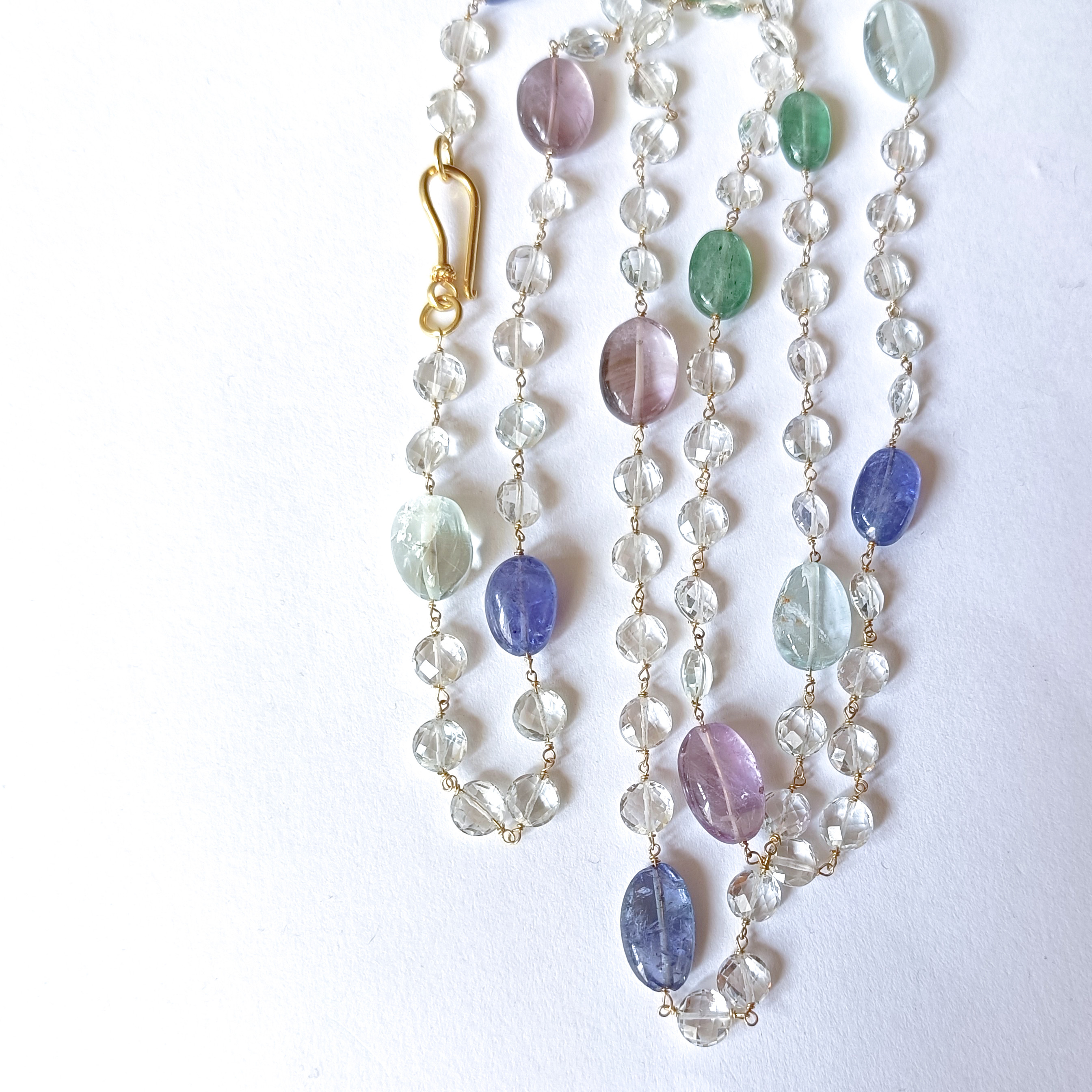 ジュエリー品質 ホワイト トパーズ × 寒色系 ストーン × 14kgf の ロングネックレス　90cm　11月誕生石