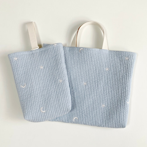 薄いグレー♡ヌビ生地・内布・青チェック/刺繍レッスンバック 送料無料】ヌビ 入園入学セット レッスンバッグ シューズ入れ イブル