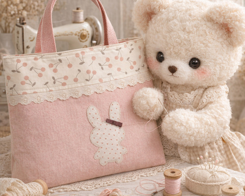 ポケット充実　可愛いうさぎちゃん　ピンク　入園入学セット　ハンドメイド 大きめレッスンバッグ『うさぎとさくらんぼ♥ミルキーカラー』k2556