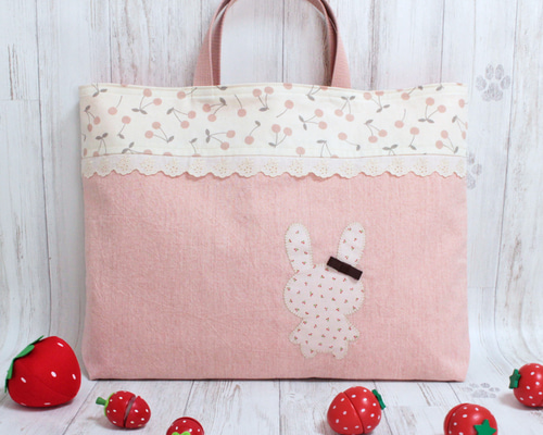 大きめレッスンバッグ『うさぎとさくらんぼ♥ミルキーカラー』k2556