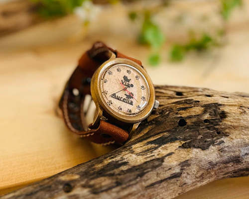 手作り腕時計 Via Aurelia（黒ねこ麻文字盤(肉球)&イタリア牛革（茶色