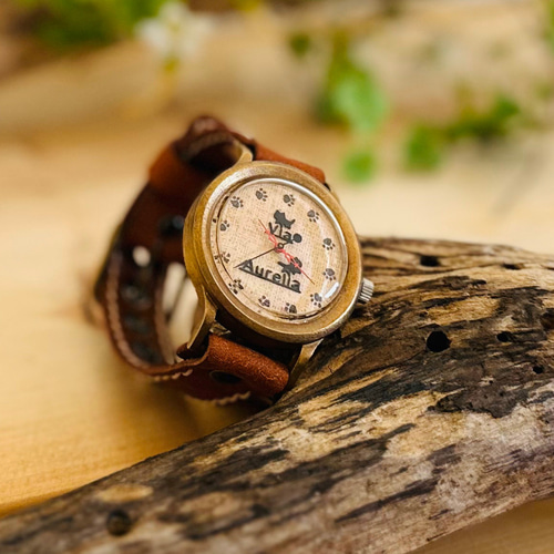 手作り腕時計 Via Aurelia（黒ねこ麻文字盤(肉球)&イタリア牛革（茶色