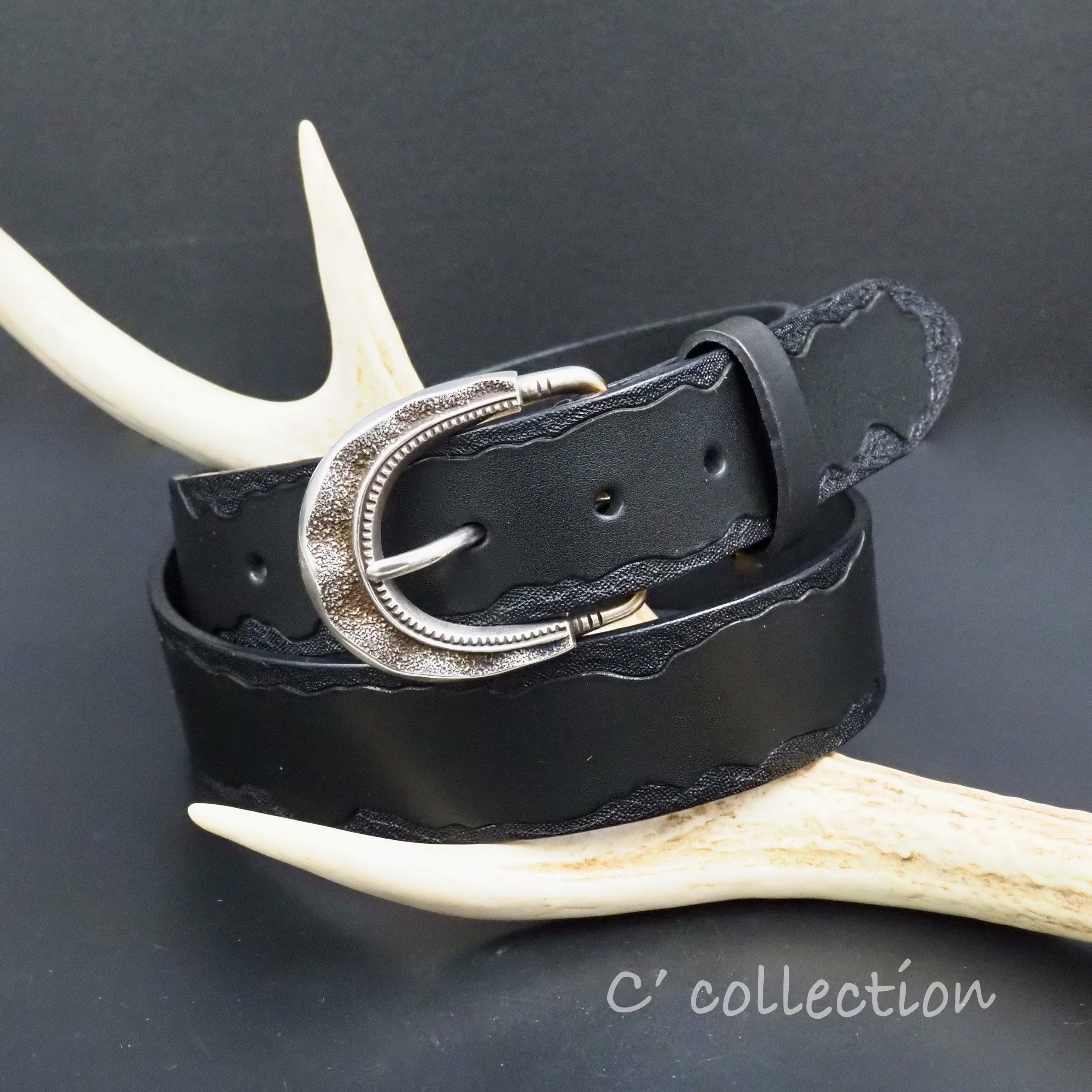 Belt-24 スタンピング レザーベルト トゥーファバックル 巾38mm ブラック バックルフリー レザーワーク