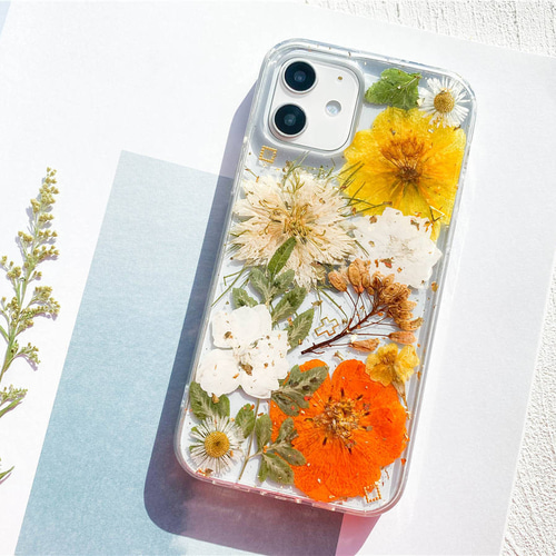 フレッシュな香りが漂う 押し花スマホケース iPhone15 14 13 12 Pro  