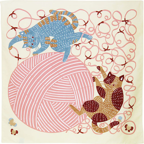 【撥水ふろしきバッグ】ライトDuoE+風呂敷70ｃm 　katakata　ネコと毛糸/イエロー 2枚目の画像