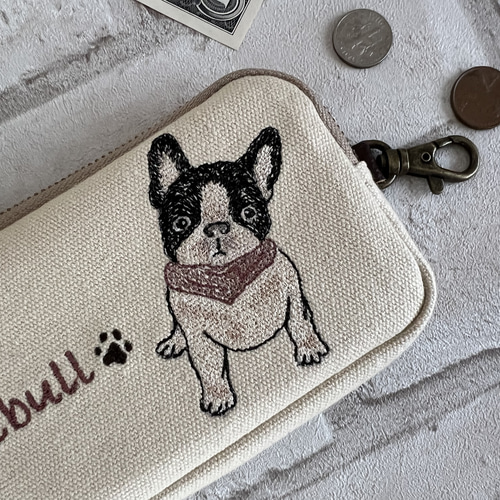 フレンチブルドッグ刺繍 ♡帆布生地コインケース/ミニポーチ フレンチブルドッグ刺繍 ♡帆布生地コインケース/ミニポーチ
