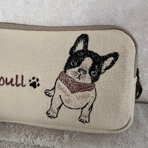 フレンチブルドッグ刺繍 ♡帆布生地コインケース/ミニポーチ フレンチブルドッグ刺繍 ♡帆布生地コインケース/ミニポーチ