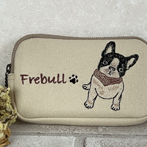 フレンチブルドッグ刺繍 ♡帆布生地コインケース／ミニポーチ