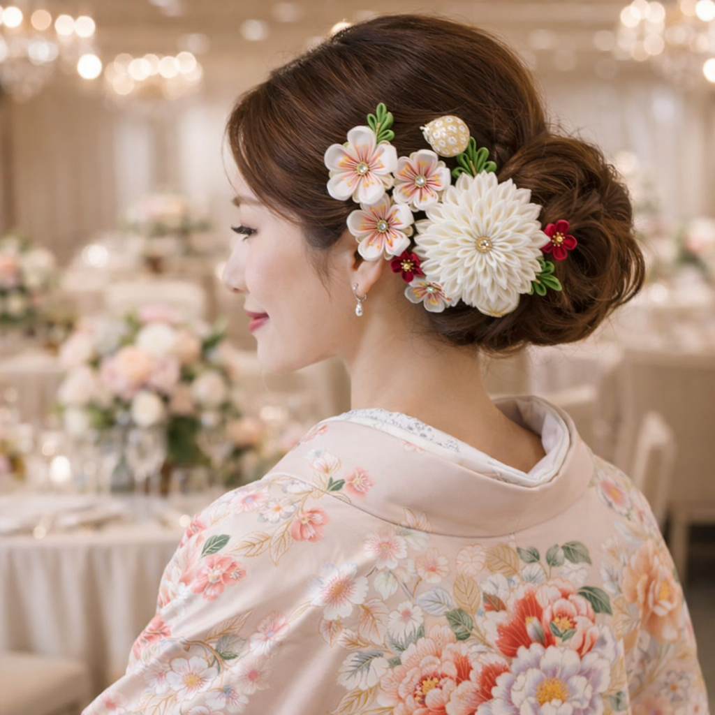 つまみ細工〈大輪菊と八重梅の髪飾り〉 [振袖・白無垢・成人式・和婚]