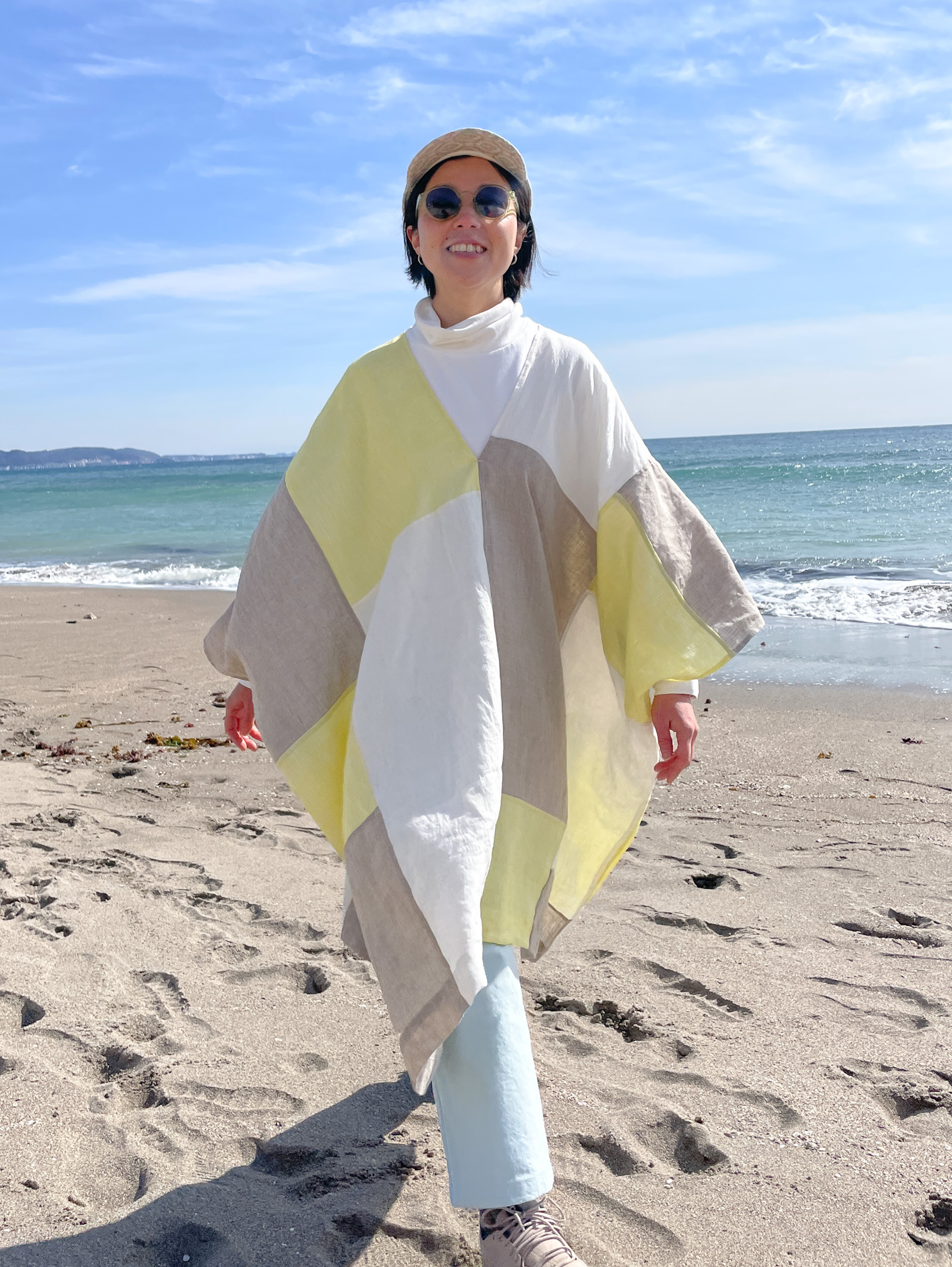 送料無料 SALE "Enough" ゆったりリネンパッチワークポンチョワンピース　上品なフレンチリネン