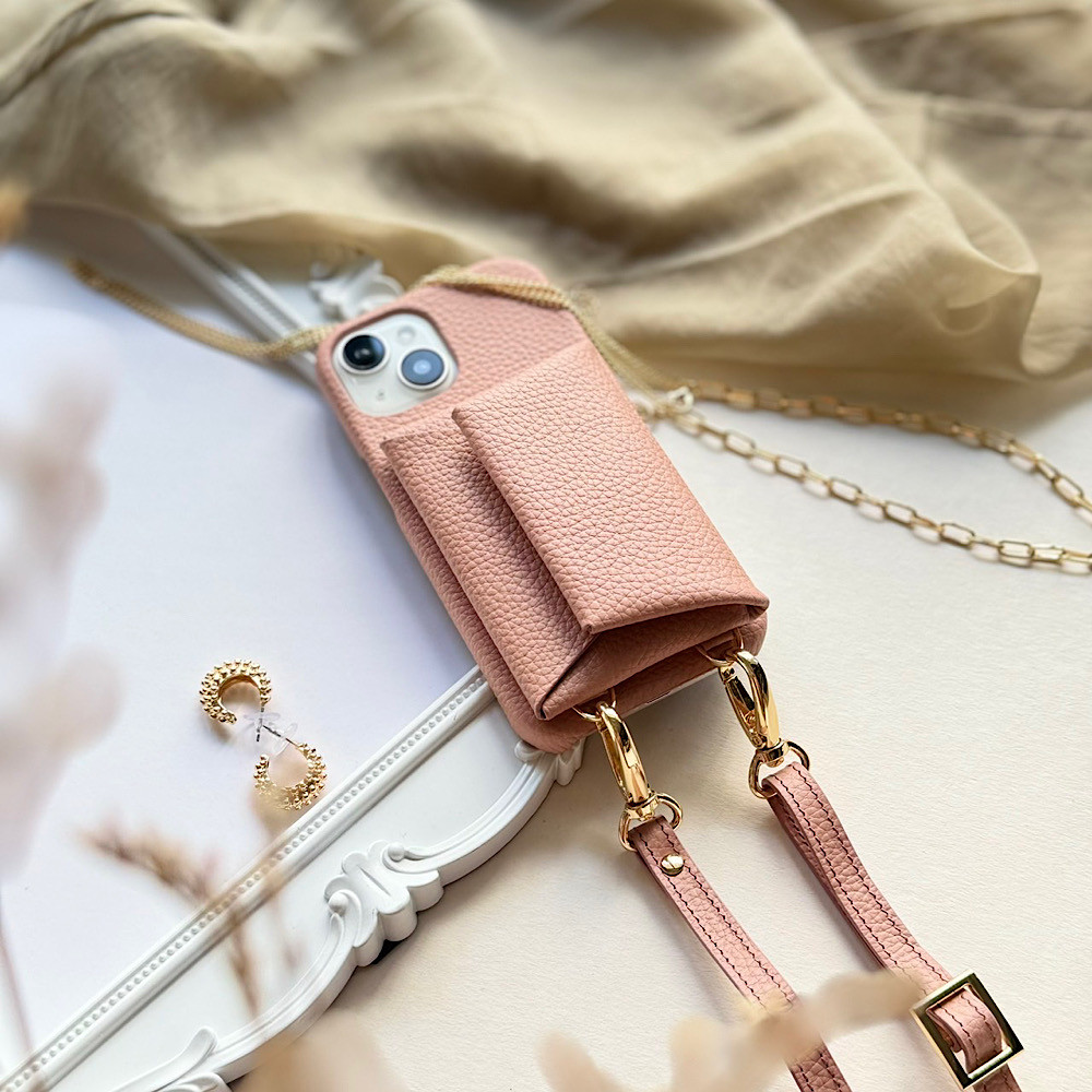 #6 名入れ可｜本革iPhoneショルダーケース（背面収納　スマホショルダー）Pinkbeige