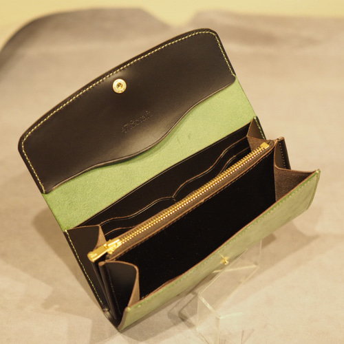 イタリアンレザー アラスカ グリーン 長財布 ハンドメイド 長財布