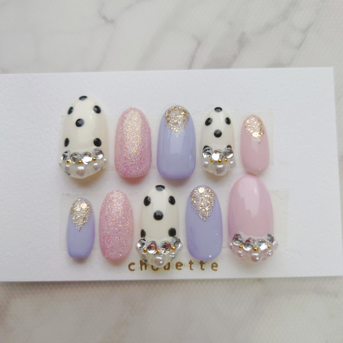 ネイルチップつけ爪 ドット柄 ラメ パール ストーン盛り ワンホン韓国  