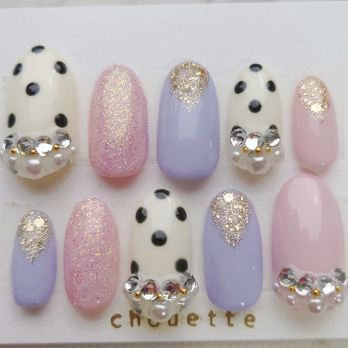 ネイルチップつけ爪 ドット柄 ラメ パール ストーン盛り ワンホン韓国  