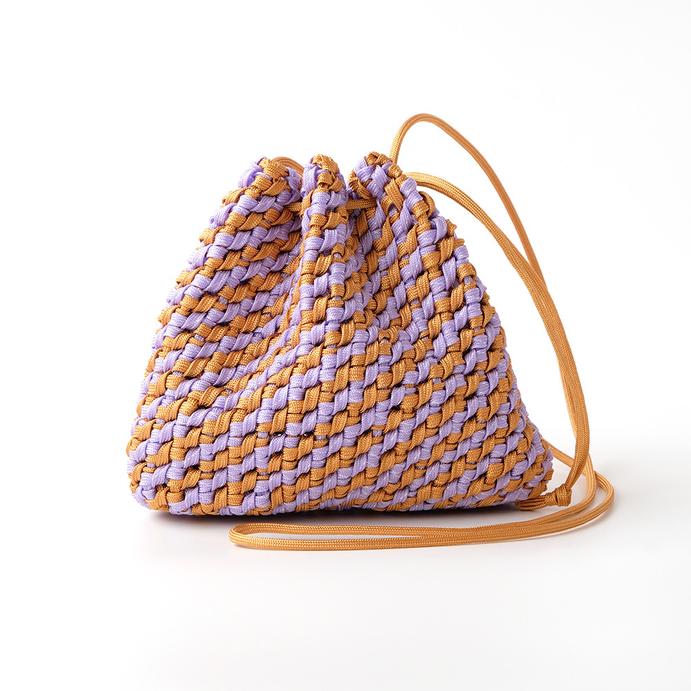 京都発　作家オリジナル手編み パラコード 巾着バッグ 耐水 パープル + キャメル TwillTwill  箱付き