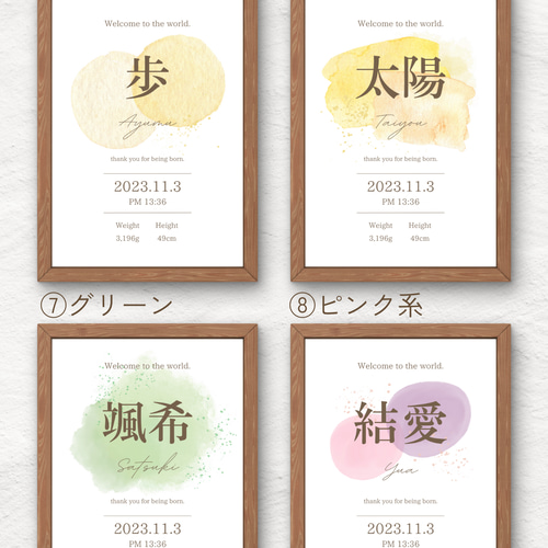 【みき】　水彩画入り手書きオーダー命名書(青) 命名書 【Kiyomizu：清水】 手書き 書道家 (色紙サイズ 額縁付き