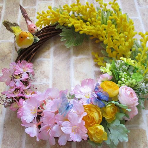 春を呼ぶミモザリース 桜色オーバルリース リース