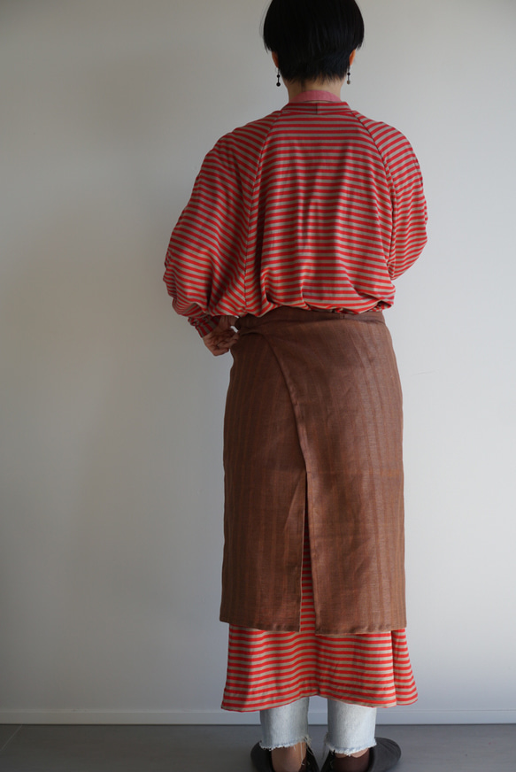 brown stripe× pink linen Apron <c> 4枚目の画像