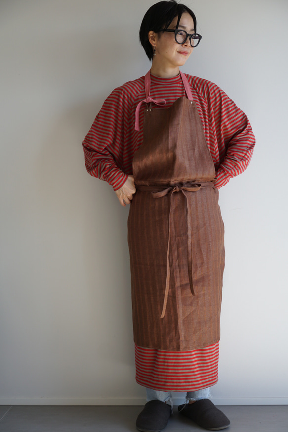 brown stripe× pink linen Apron <c> 3枚目の画像