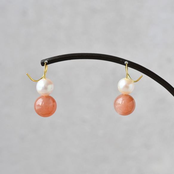 [新品] 豐滿可愛橙色月光石珍珠雙耳環 HP031 第5張的照片