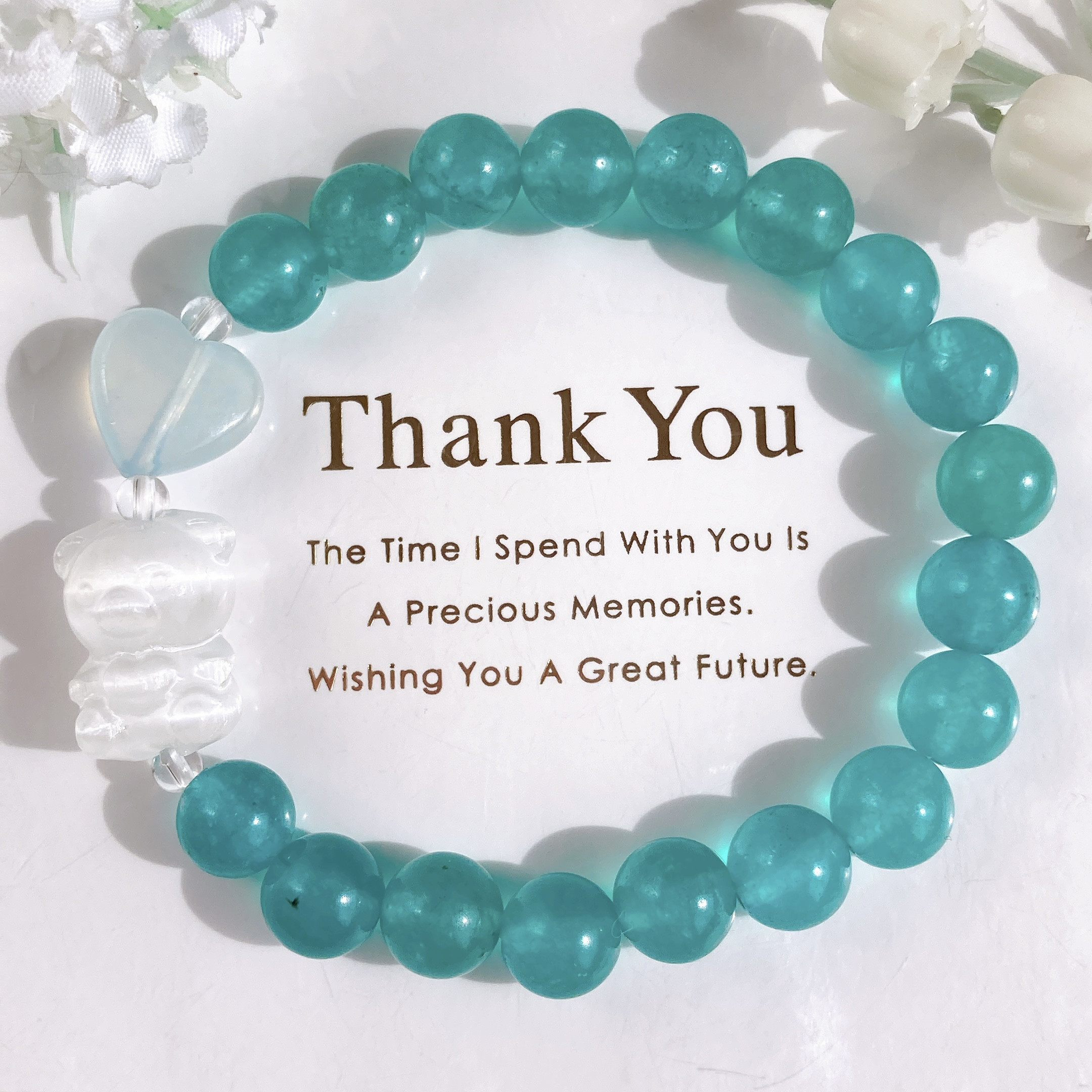 ˚✧₊⁎一点のみ˚✧₊⁎セレナイトくまちゃんアクアマリンハートアイスアマゾナイト天然石ブレスレット