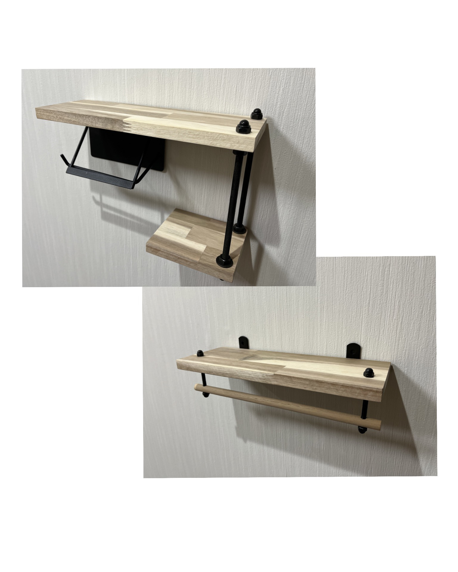 アイアントイレットペーパーとタオルハンガーのセット　アカシア集成材