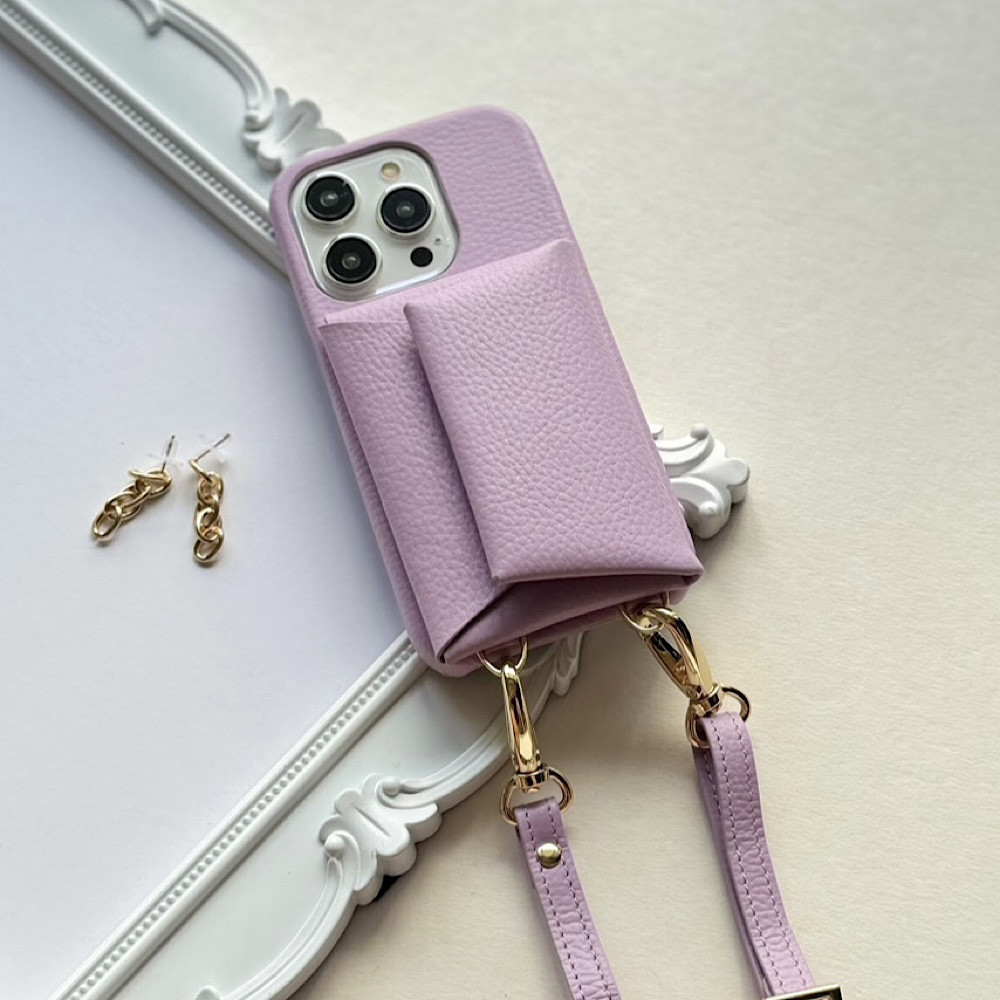名入れ可　本革 スマホショルダー　革　カード収納 ハンド付き 名入れ レザーiphoneケース　Lavender