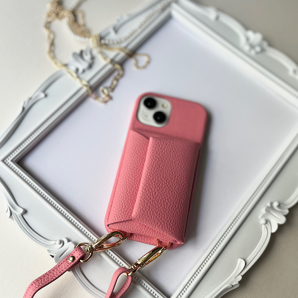 #6 名入れ可｜本革iPhoneショルダーケース（背面収納　スマホショルダー）Pink