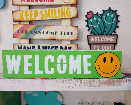 長ブロック　インテリア　お庭に　にこちゃん　ピーコックブルー　WELCOME 長ブロック インテリア お庭に にこちゃん ピーコックブルー