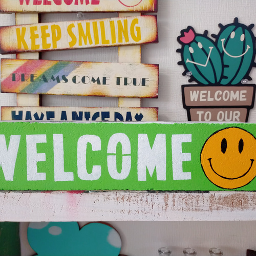 長ブロック　インテリア　お庭に　にこちゃん　ピーコックブルー　WELCOME 長ブロックインテリアお庭ににこちゃんピーコックブルーWELCOME