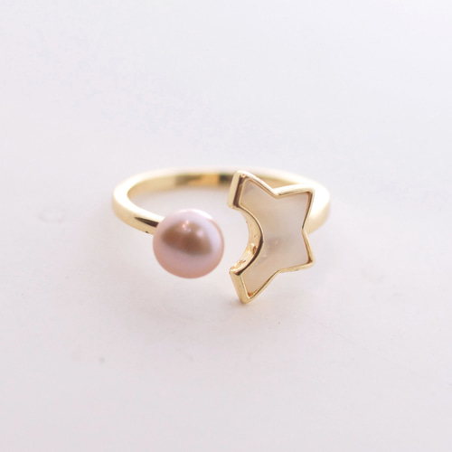 欠けた星 と ボタン型 ラベンダー天然色 淡水パール の フリーサイズ