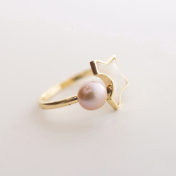 欠けた星 と ボタン型 ラベンダー天然色 淡水パール の フリーサイズ