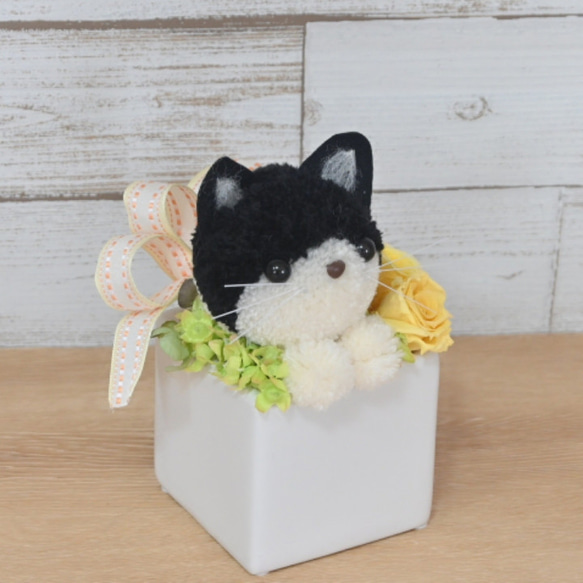 もこペット【黒猫】プリザーブドフラワー アレンジメント ハチワレ猫 ペット 母の日 誕生日 お供え 花 フラワー 6枚目の画像