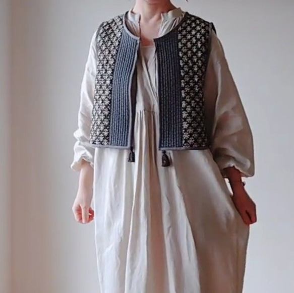 ブロックプリントキルティングベスト/モノトーン/インド綿 