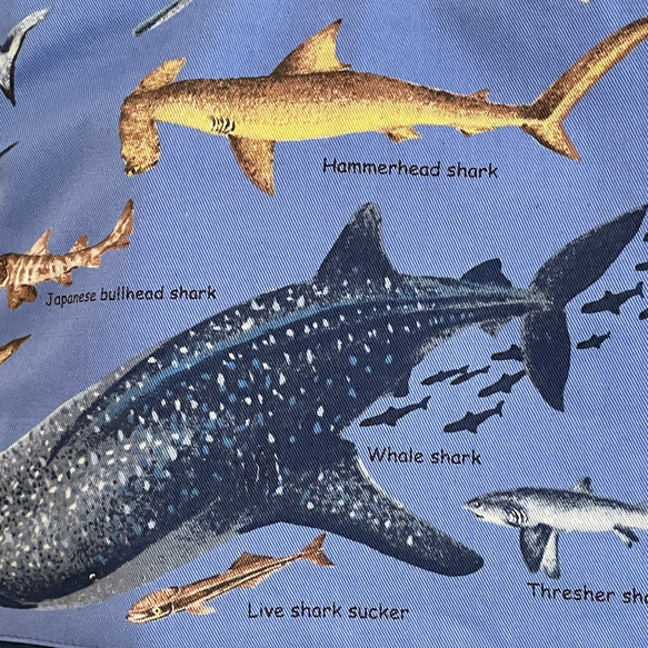 大きめサイズ　サメ好きすぎレッスンバック　ブルー/11号帆布ダーク切替　35×45 ループからバッグ底35cm対応 2枚目の画像