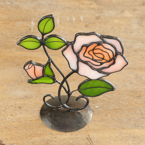 ステンドグラス　置物　薔薇 母の日の贈り物に！ ピンクのバラ（ステンドグラス・アンティーク