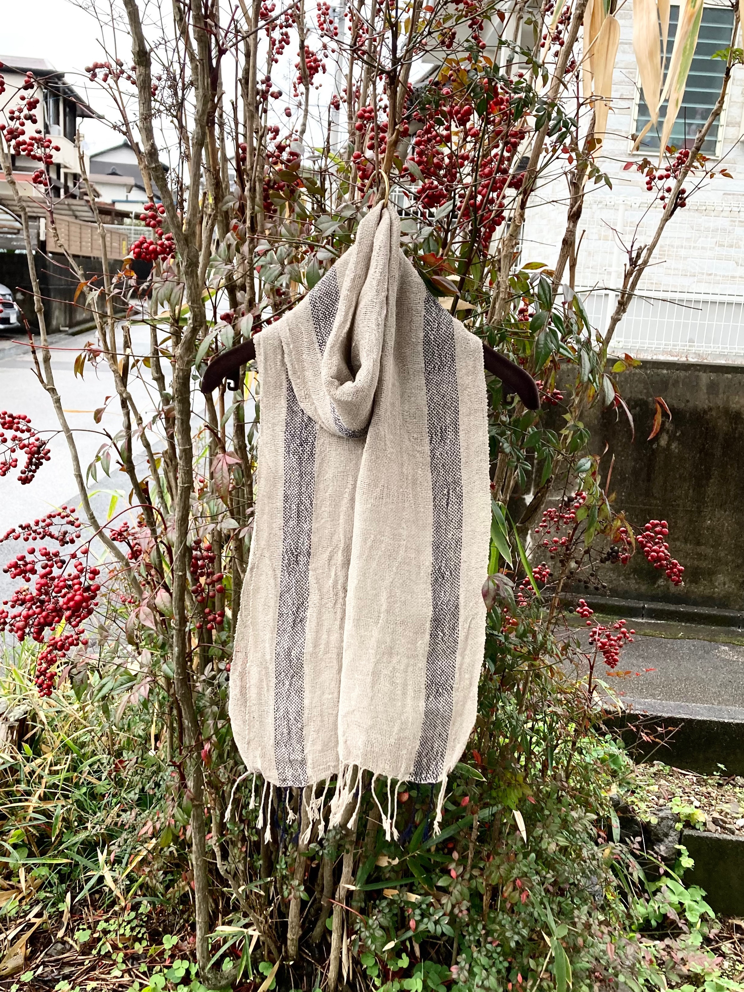 2354 手織り　ストール　手織　リネン　コットン　ナチュラル　機織り　さをり織り