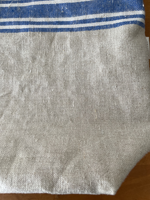 ⚮̈   アンティークリネン　マングルクロス　幅広青×白ラインのトートバッグ　アンティークイニシャルモチーフ付　⚮̈ 12枚目の画像