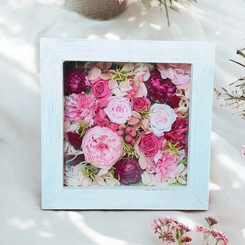 ピンクのバラのフラワーボックス ウッドボックス 壁飾り 壁掛け